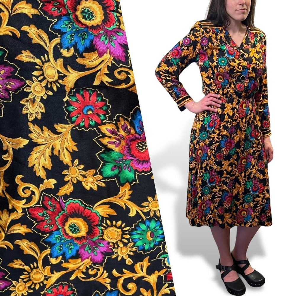 Iconic Colorful Baroque Floral 80s Vintage Midi Dress Leslie Fay Long Sleeve M